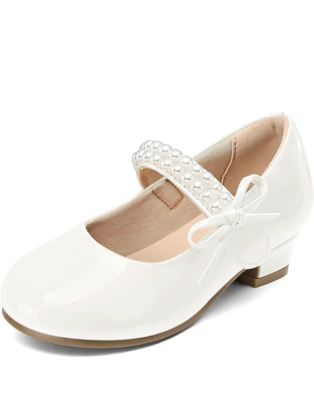 K KomForme Girls Dress Shoes Low Heels Pumps Princess Mary Jane with Pearl & Bow